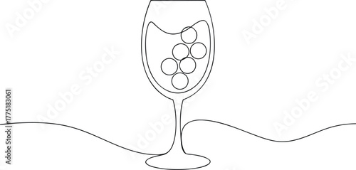 Single line drawing of wine glass with grapes continuous line