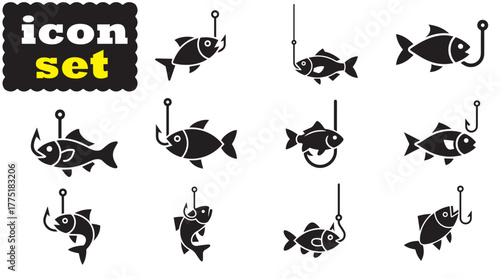 Fish caught Icon, Fish caught Black Vector Set