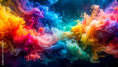 A mesmerizing and vibrant explosion of colorful ink plumes creating an ethereal spectacle of fluid motion, evoking luminous light against a dark backdrop. Dynamic abstract art of swirling pigments