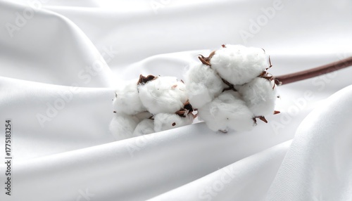 Delicate Cotton Blossoms on Soft White Fabric A Symbol of Purity and Comfort