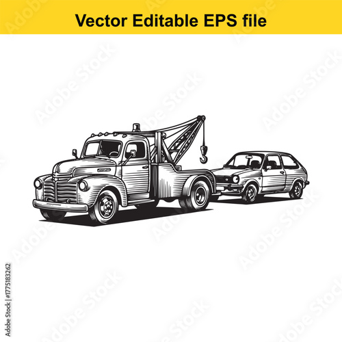 Vintage tow truck towing a small car