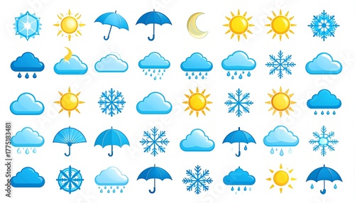 A comprehensive collection of isolated weather forecast icons depicting various atmospheric conditions like sun, clouds, rain, snow, and umbrellas for diverse climatic representations