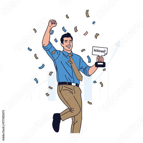 Celebrating Success An Illustration of a Happy Achiever with a Trophy, Joyful and Animated