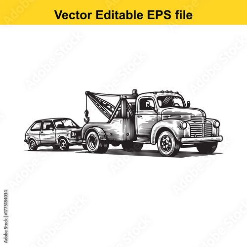 Vintage tow truck towing a small car