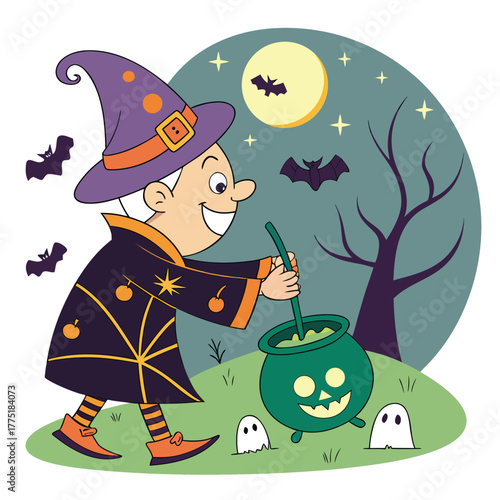 A cheerful cartoon wizard dressed in a festive Halloween costume, featuring a purple hat decorated with pumpkins and a bubbling green cauldron, a black robe with pumpkin and spiderweb patterns.