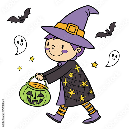 Cartoon of a cheerful child in a purple witch costume holding a green pumpkin basket, surrounded by smiling ghosts, flying bats, and yellow stars capturing a festive Halloween trick-or-treating scene.