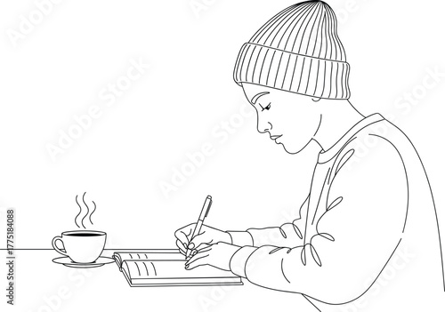 Writing moment illustration—person journaling or studying with notebook and coffee, wearing beanie, minimalist black-and-white line art vector