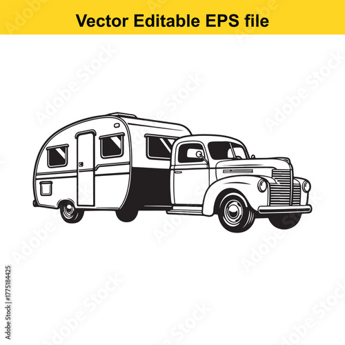 Vintage pickup truck towing a camper trailer