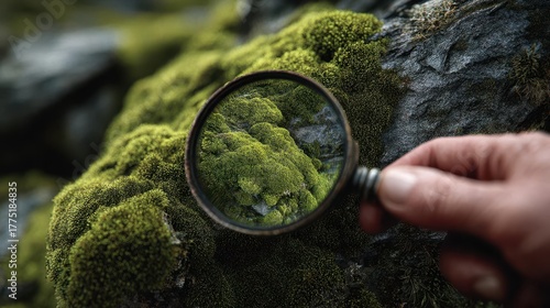 CloseUp Exploration of Moss with Magnifying Glass