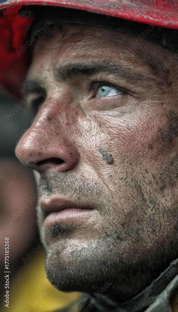 Obraz premium A portrait of a man, face smudged, gaze cast upwards, with a red hardhat and blue eyes conveys a sense of resilience and unwavering determination.