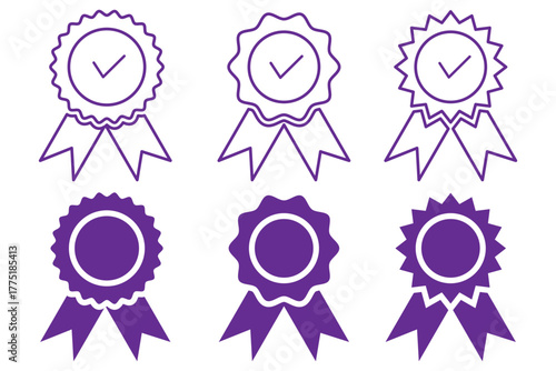 Badge with ribbon icon collection. Ribbon, Badges with star, Tick mark symbol. Vector Illustration.