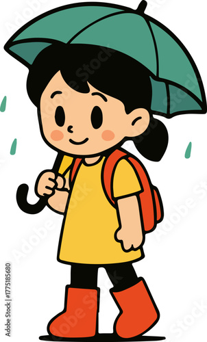 Gril Holding Umbrella on Rainy Day Illustration