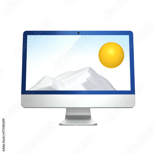 Wallpaper Mural Screen displays a white mountain range, yellow sun. The monitor is silhouetted Torontodigital.ca