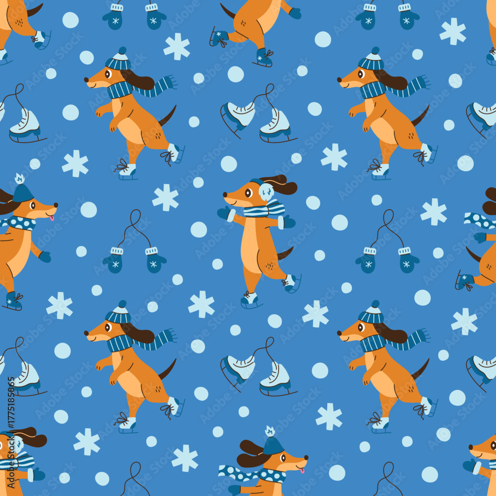 Obraz premium Winter Dachshund Dog Ice Skating Seamless Pattern. Playful Animal Blue Background with cute Puppy Sports Activity Fun Clothing Accessories Snow and Snowflakes. Flat vector illustration
