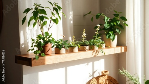 Lush plants thrive on sunny shelf, bringing nature indoors