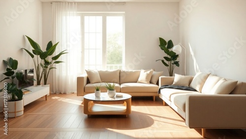 Serene modern living room with natural light, plants