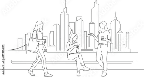 Urban lifestyle illustration—three people with smartphones, city skyline, bridge, coffee cups, digital connectivity theme, modern public space line art