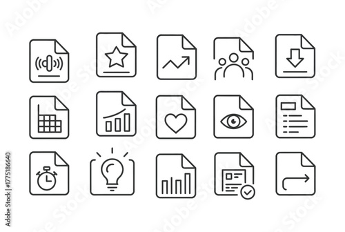 File analytics line icon pack featuring file popularity, access counts, top documents, and trend tracking — suitable for data reports, tech dashboards, and productivity apps.