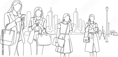 City lifestyle illustration—five fashionable women with smartphones and handbags, urban skyline, trench coats and dresses, modern line art vector
