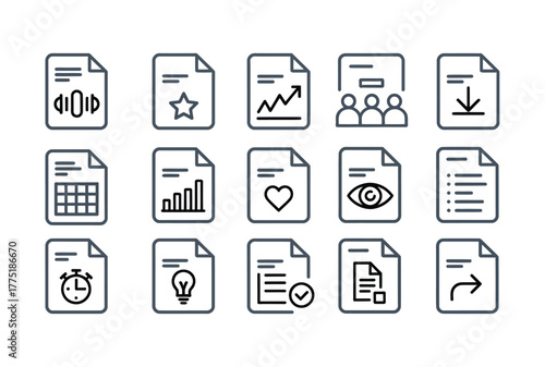 Set of minimal line icons for file analytics: track document usage, file access trends, popular files, and open statistics — ideal for UI/UX, software, and business analytics design.rk
