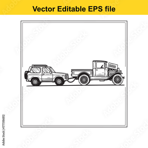 Vintage pickup truck towing a classic suv