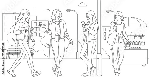 Urban street scene illustration—four individuals walking, talking, and browsing in city setting with vendor cart, minimalist line art vector