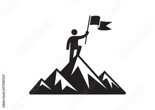 A person standing on top of a mountain with a flag Icon, A person standing on top of a mountain with a flag Black Vector