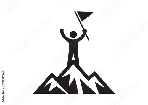 A person standing on top of a mountain with a flag Icon, A person standing on top of a mountain with a flag Black Vector
