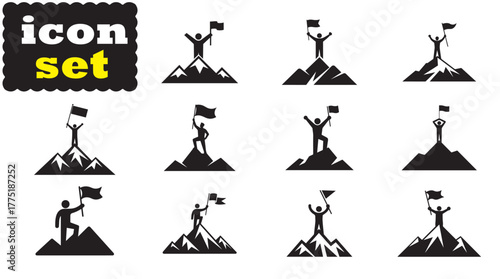 A person standing on top of a mountain with a flag Icon, A person standing on top of a mountain with a flag Black Vector Set
