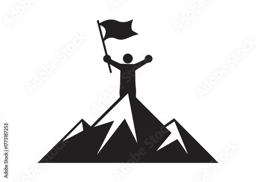 A person standing on top of a mountain with a flag Icon, A person standing on top of a mountain with a flag Black Vector