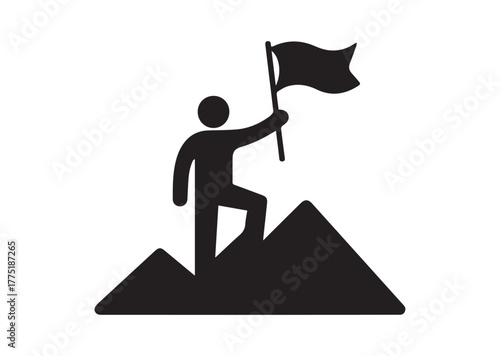 A person standing on top of a mountain with a flag Icon, A person standing on top of a mountain with a flag Black Vector