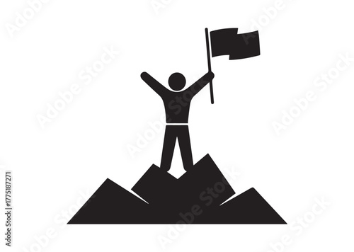 A person standing on top of a mountain with a flag Icon, A person standing on top of a mountain with a flag Black Vector