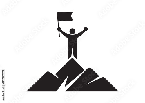 A person standing on top of a mountain with a flag Icon, A person standing on top of a mountain with a flag Black Vector
