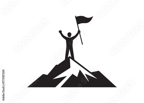 A person standing on top of a mountain with a flag Icon, A person standing on top of a mountain with a flag Black Vector