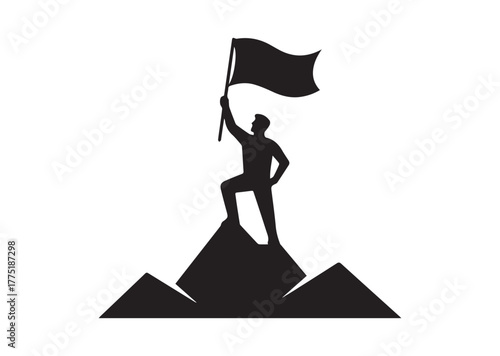 A person standing on top of a mountain with a flag Icon, A person standing on top of a mountain with a flag Black Vector