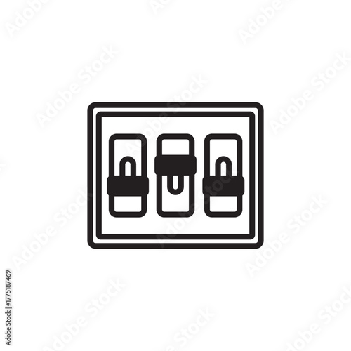 Vector line icon of a control panel with three toggle switches, a symbol for settings, adjustments, and user interface options icons