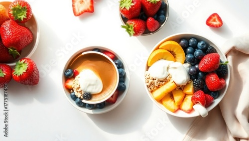 Vibrant fruit bowls, healthy breakfast, fresh berries and yogurt