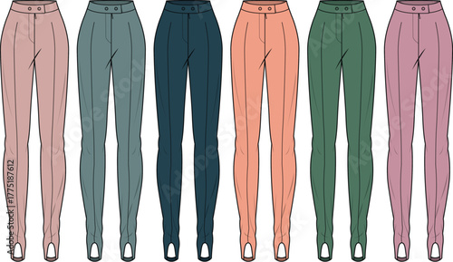 Collection of Women's Stirrup Pants in Various Pastel Colors Fashion Illustration and Design