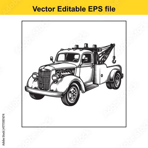 Vintage tow truck illustration, classic vehicle with crane for towing