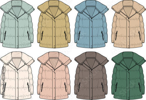 Collection of Various Puffer Jackets in Different Colors and Styles, Fashion Illustration for Design
