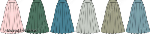 A stylish collection of women's long pleated maxi skirts in various colors, presented as a fashion design technical flat illustration set