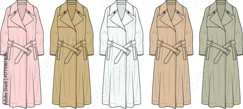 Flat lay of five different colored trench coats displayed in a row with belted waistlines and classic collars
