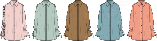 Set of colorful women's collared blouse fashion flat sketches. Technical drawing vector template for apparel and garment design collection