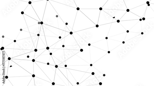 Abstract minimalist network of interconnected black and gray dots connected by thin gray lines. Digital web or neural network, emphasizing structure, technology, and modern connectivity.