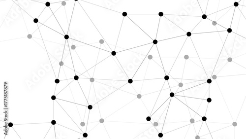 Abstract minimalist network of interconnected black and gray dots connected by thin gray lines. Digital web or neural network, emphasizing structure, technology, and modern connectivity.