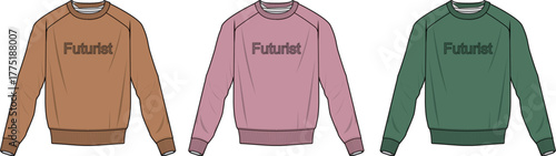 Three different color crewneck sweatshirts with the word 'Futurist' printed on the chest in black