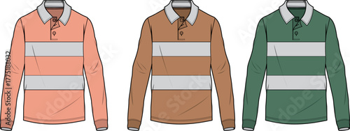 Three long-sleeved polo shirts in different colors, showcasing casual wear for men and women