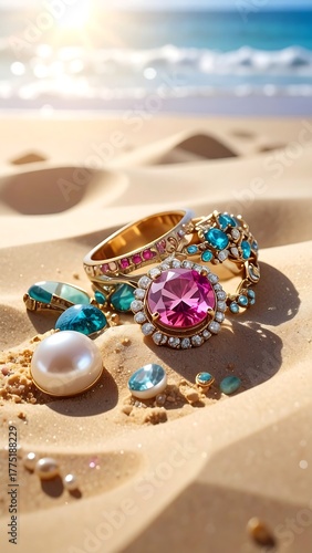 Fototapeta Naklejka Na Ścianę i Meble -  Beach scene with jewelry nestled in sand dunes under a sunny sky over ocean