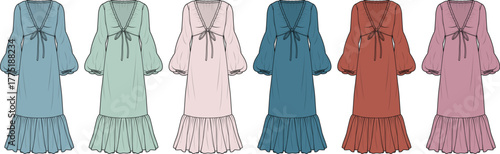 Illustration of various colored long dresses with a bow and ruffled hemline, fashion design concept
