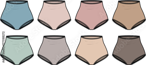 Vector collection of high-waisted women's panties in a diverse palette of nude and muted colors. Fashion technical sketch for lingerie or shapewear design